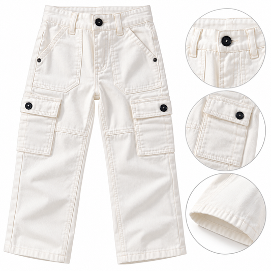 Kids 6-Pocket Cargo Denim Pants - White