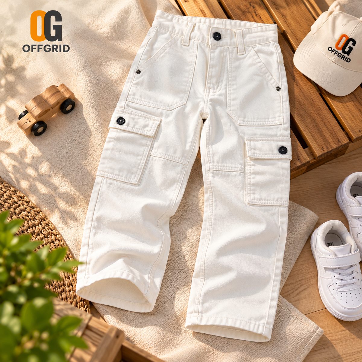 Kids 6-Pocket Cargo Denim Pants - White